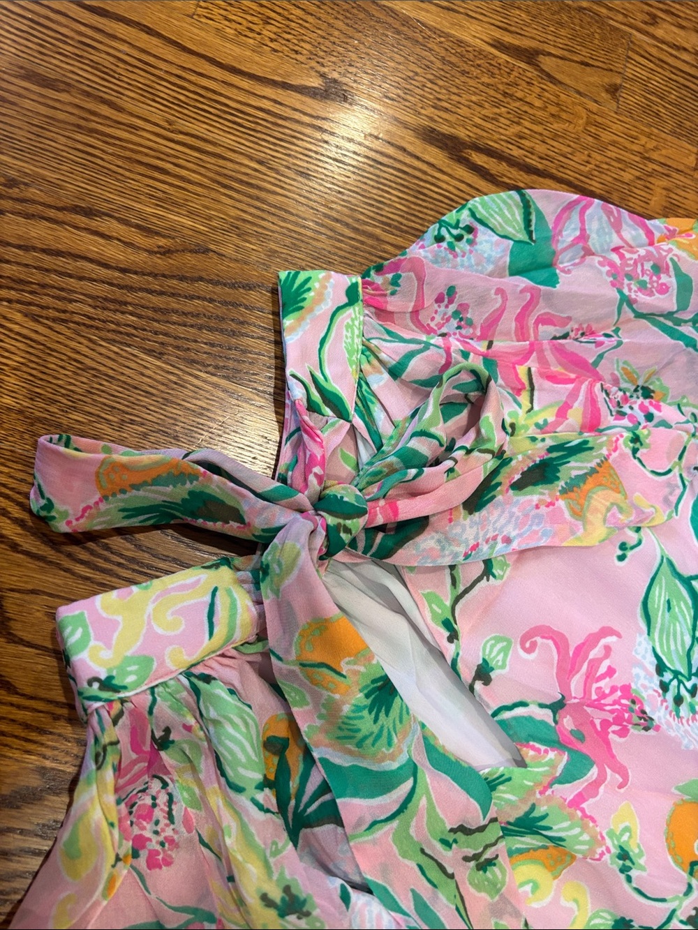 Lilly Pulitzer Hot Pink, Green & Yellow Floral Tie Neck Dress - Picture 3 of 6